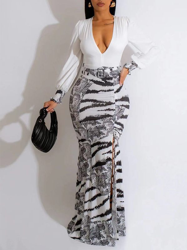 Printed-Combo V-Neck Slit Dress