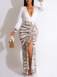 Printed-Combo V-Neck Slit Dress