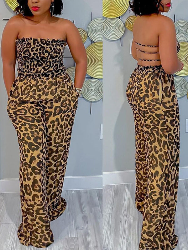 mangocouture Leopard Smocked Strapless Jumpsuit