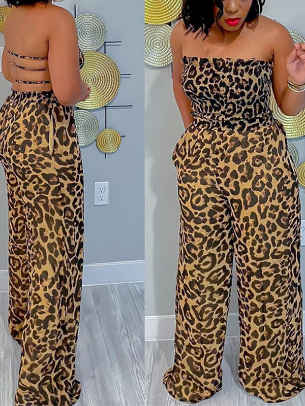 mangocouture Leopard Smocked Strapless Jumpsuit