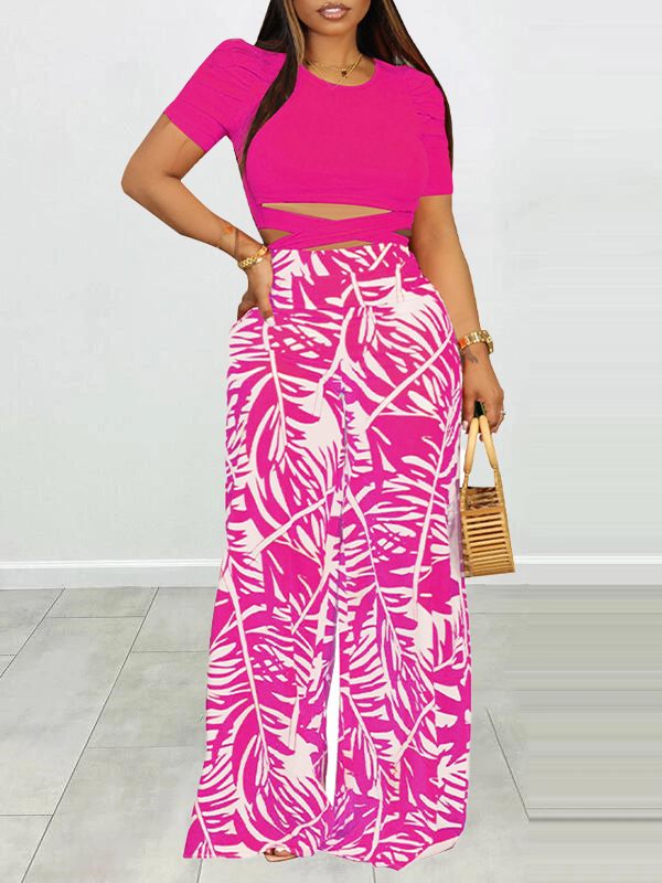 Puff Shoulder T-Shirt & Printed Wide-Leg Pants Set