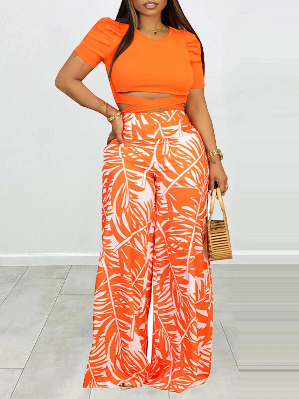 Puff Shoulder T-Shirt & Printed Wide-Leg Pants Set