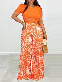 Puff Shoulder T-Shirt & Printed Wide-Leg Pants Set