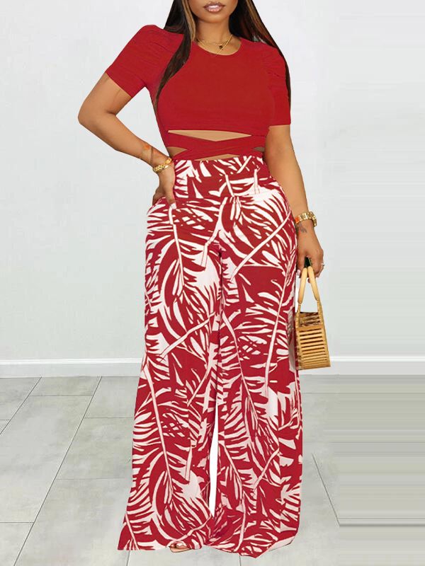 Puff Shoulder T-Shirt & Printed Wide-Leg Pants Set