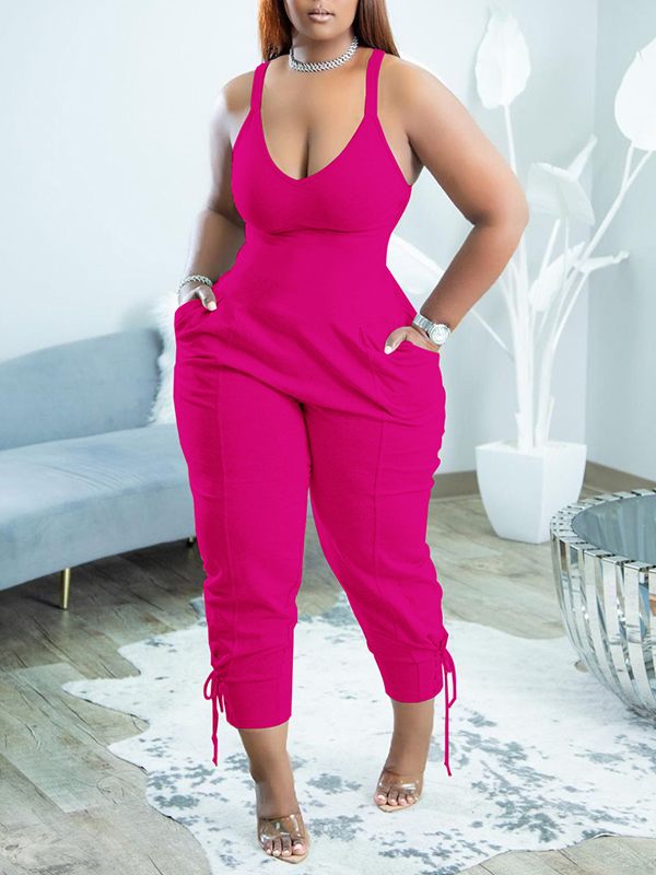 Solid V-Neck Sleeveless Jumpsuit--Clearance