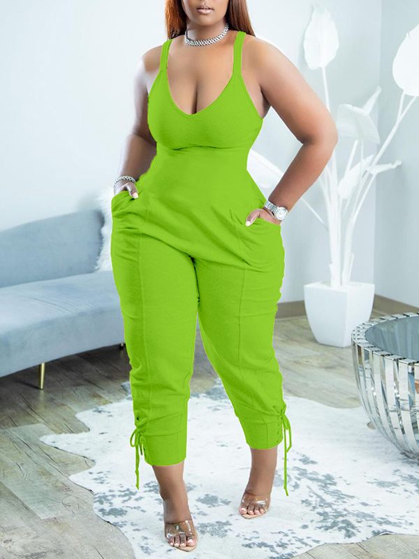 Solid V-Neck Sleeveless Jumpsuit--Clearance