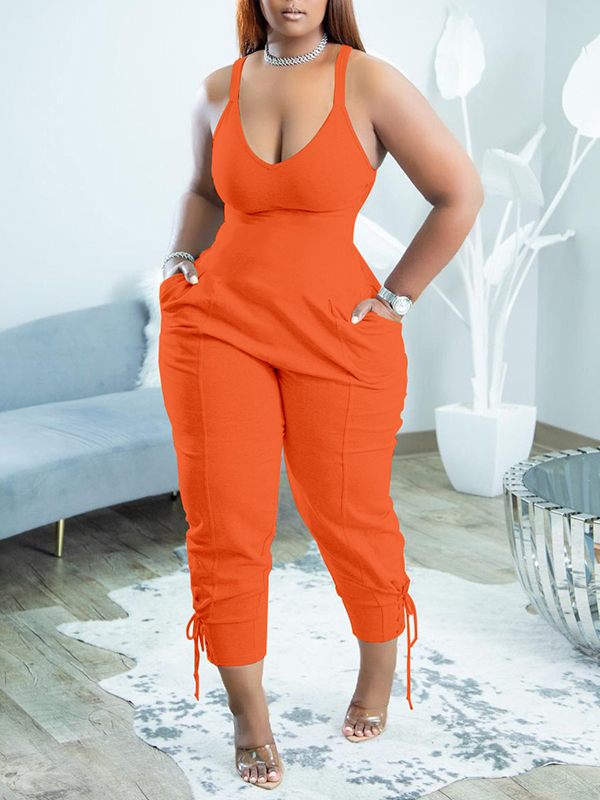 Solid V-Neck Sleeveless Jumpsuit--Clearance