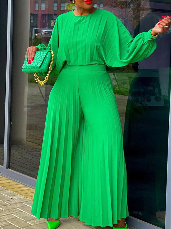 mangocouture Pleated Puff-Sleeve Top & Wide-Leg Pants Set