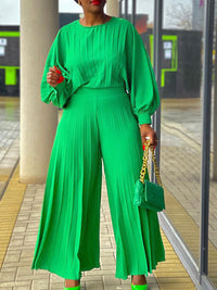 mangocouture Pleated Puff-Sleeve Top & Wide-Leg Pants Set