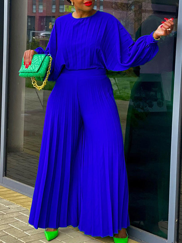 mangocouture Pleated Puff-Sleeve Top & Wide-Leg Pants Set