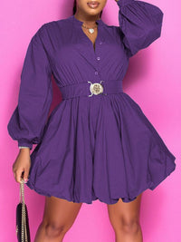 Button-Front Belted Puffy Dress