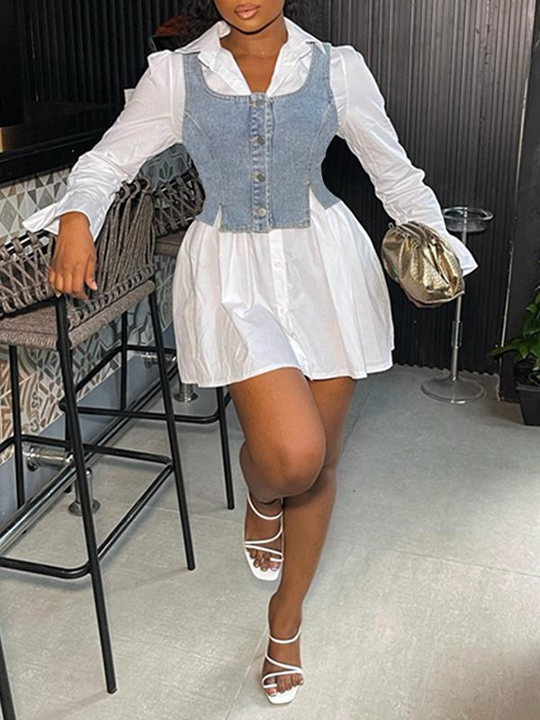 Bell-Sleeve Shirt Dress with Denim Vest