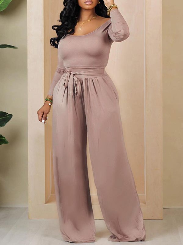 Solid Boat-Neck Top & Tied Pants Set