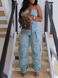 Denim Cargo Jumpsuit--Clearance