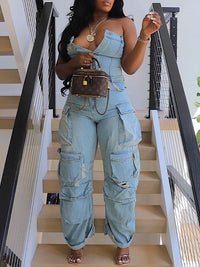 Denim Cargo Jumpsuit--Clearance