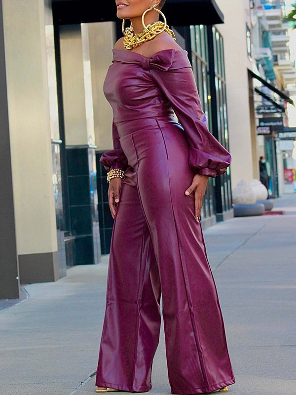 Mangocouture Faux-Leather Off-Shoulder Top & Wide-Leg Pants Set