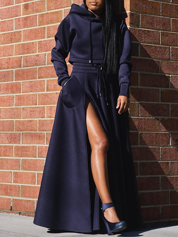 Mangocouture Solid Hoodie & Slit Skirt Set