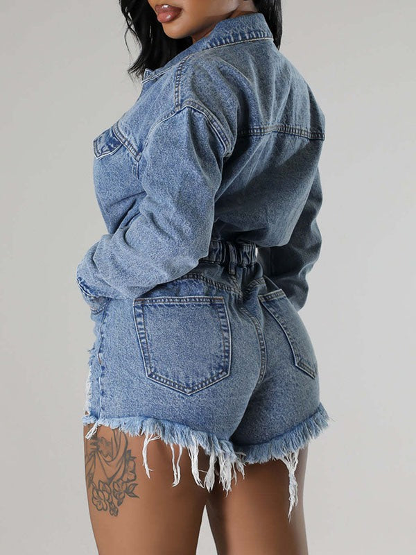 Mangocouture Distressed Snap-Front Denim Romper