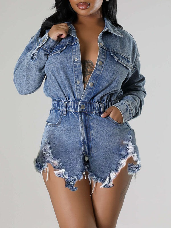 Mangocouture Distressed Snap-Front Denim Romper