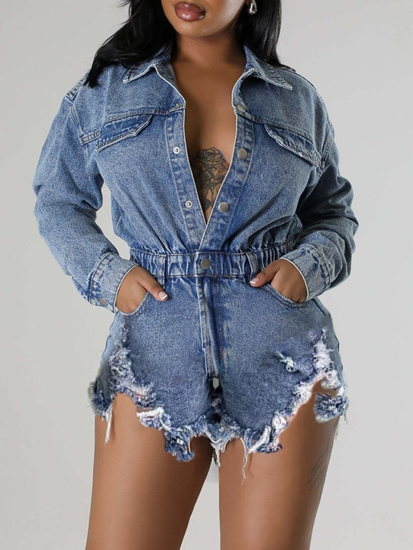 Mangocouture Distressed Snap-Front Denim Romper