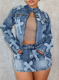 Mangocouture Cross Denim Jacket & Skirt Set