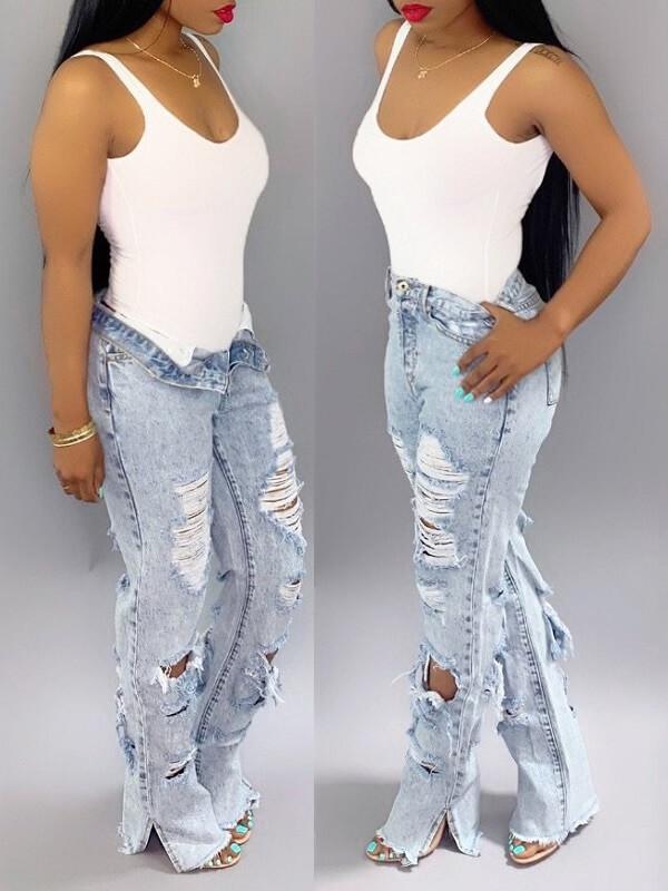 Distressed Side-Slit Jeans