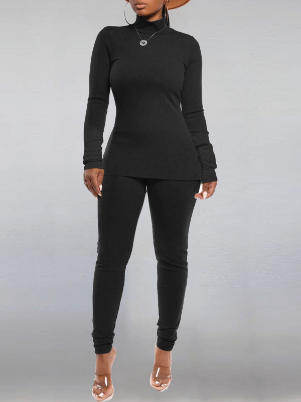 mangocouture  Solid Turtleneck Top & Pants Set