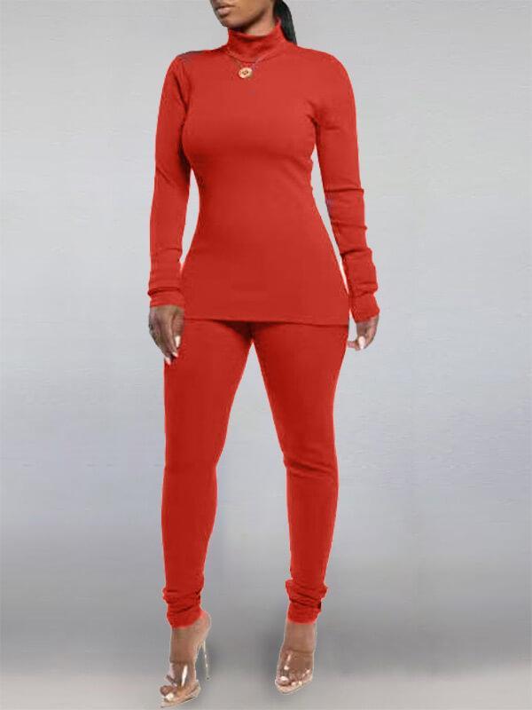 mangocouture  Solid Turtleneck Top & Pants Set