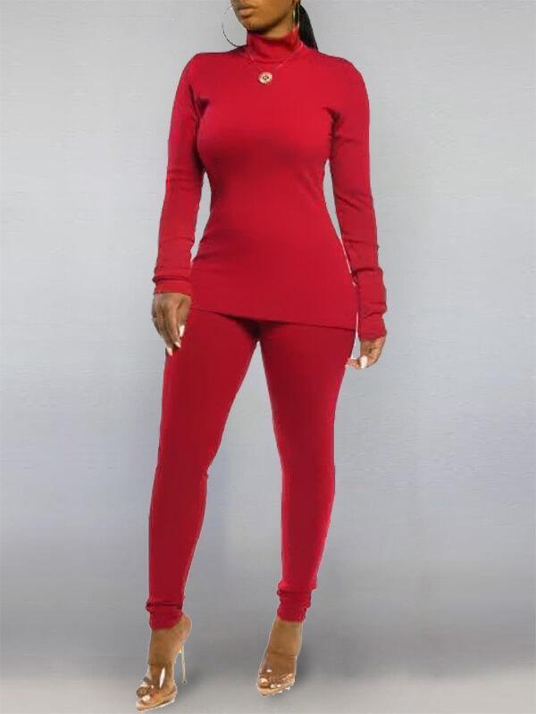 mangocouture  Solid Turtleneck Top & Pants Set