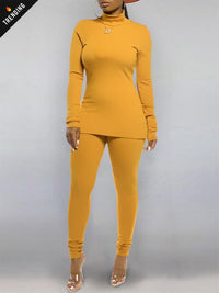 mangocouture  Solid Turtleneck Top & Pants Set