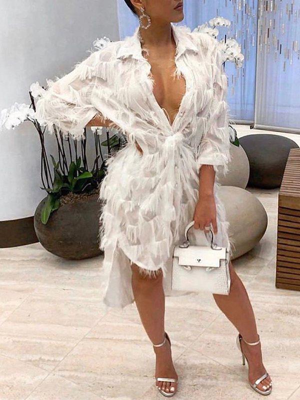 mangocouture  Feathered Shirt Dress