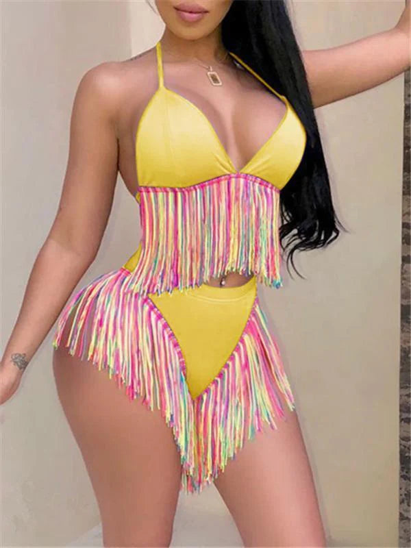 mangocouture Multicolor Fringe Halter Bikini