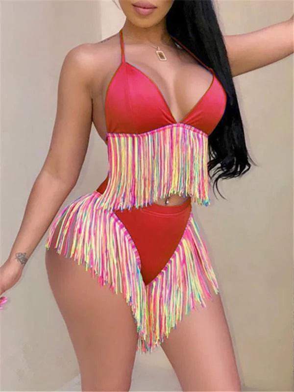 mangocouture Multicolor Fringe Halter Bikini